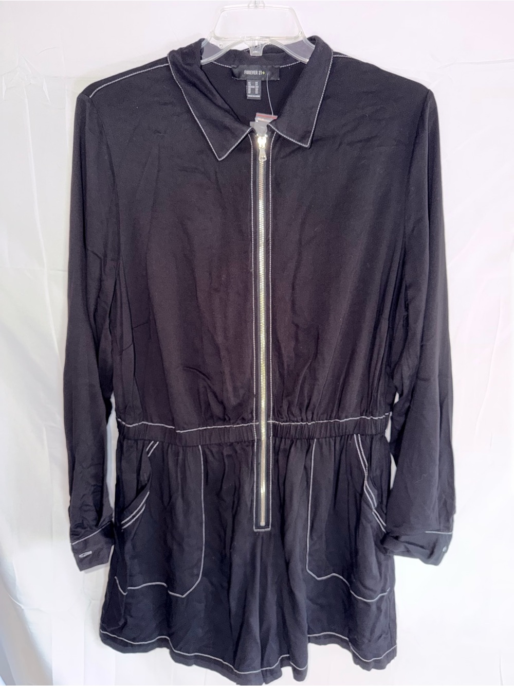 Forever 21+ Black Long-Sleeve Zip Romper with White Contrast Stitching